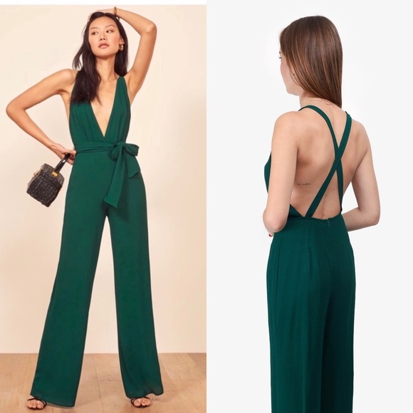 NWT REFORMATION Crepe Halter Plunge V-Neck Crisscross Back Wide Leg Jumpsuit 4P - Picture 2 of 10